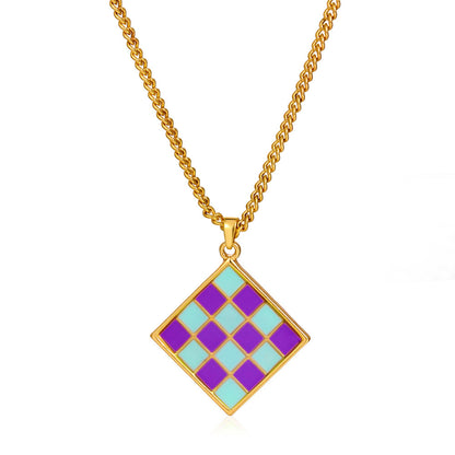 Cross-border New Geometric Square Pendant Necklace Color Dripping Oil Checkerboard Clavicle Chain Necklace