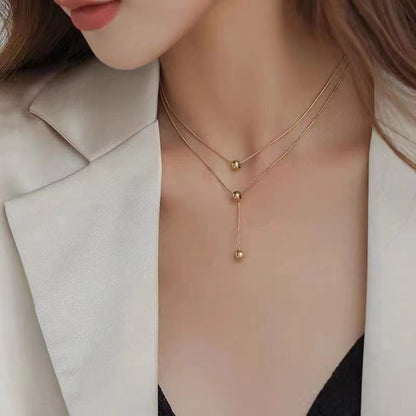 Double Layered Round Bead Necklace Female Creative Sense Of All-match Tassel Stainless Steel Short Necklace