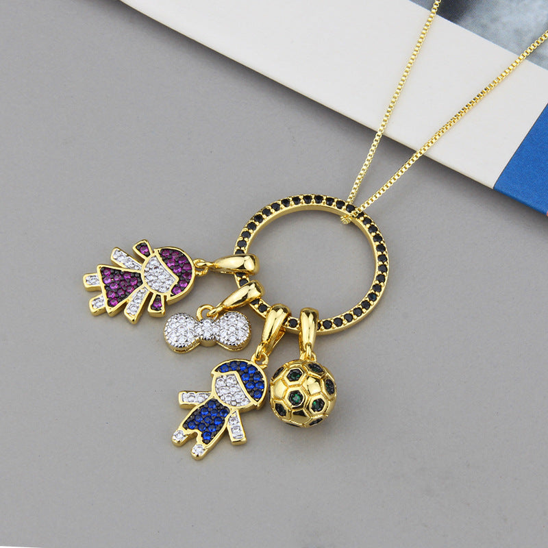 New Diy Character Combination Kids Bow Knot Color Zirconium Detachable Hip-hop Pendant Copper Necklace