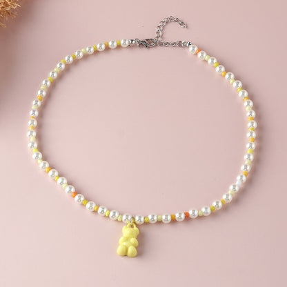 New Macaron Color Jelly Bear Necklace Personality Trendy Color Rice Bead Pearl Stitching Clavicle Chain