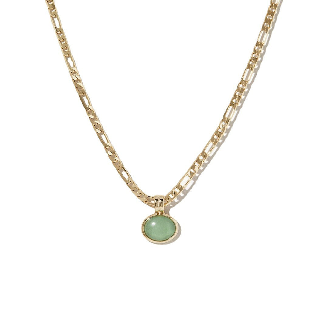 Small Design Sense Semi-precious Stone Green Aventurine Natural Stone Necklace Figaro Chain 18k Plating Titanium Steel Sweater Chain