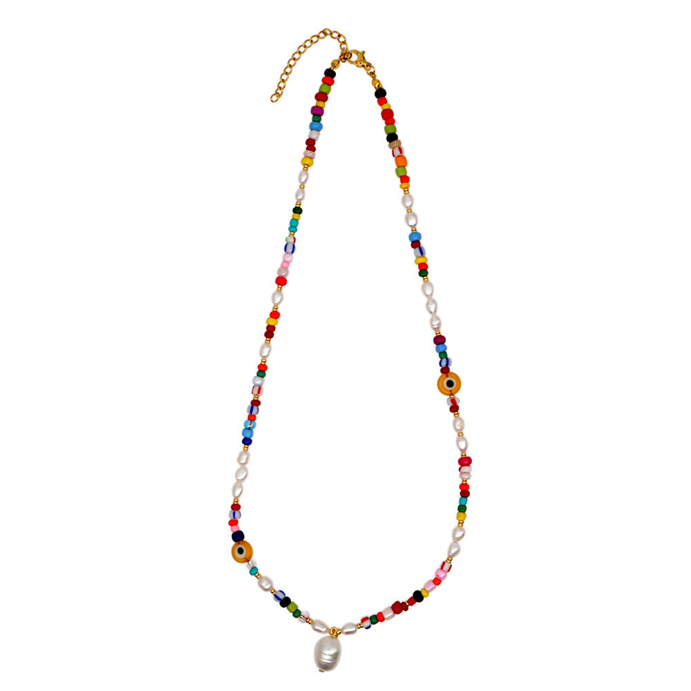 Simple Colored Glaze Evil Eye Pearls Natural Pearl Necklace Bohemian Beach Style Necklace Wholesale Gooddiy