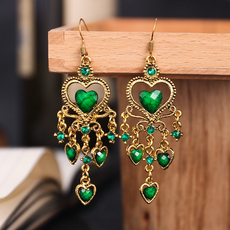 1 Pair Ethnic Style Heart Shape Metal Tassel Plating Inlay Artificial Gemstones Women's Drop Earrings