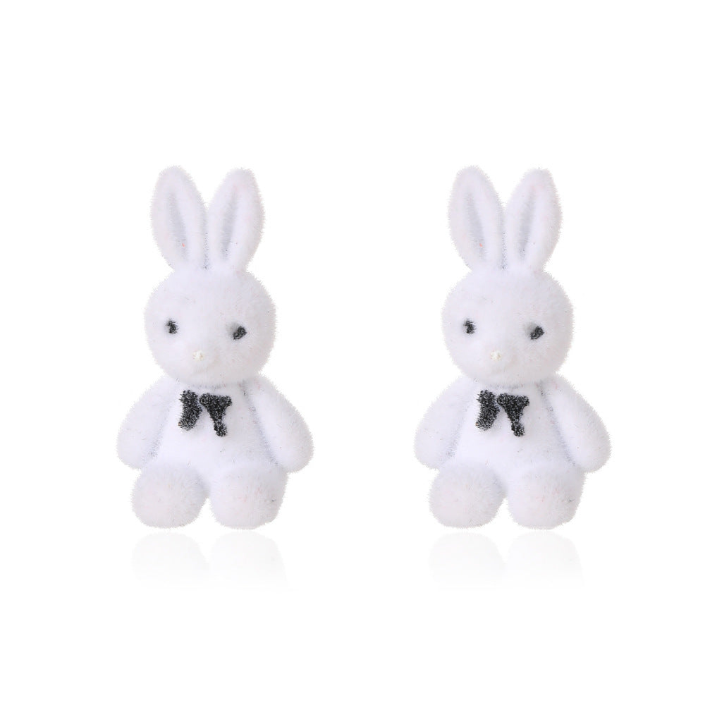 Korean Cartoon Cute Flocking Bear Earrings 925 Silver Needle Plush Rabbit Cat Earrings