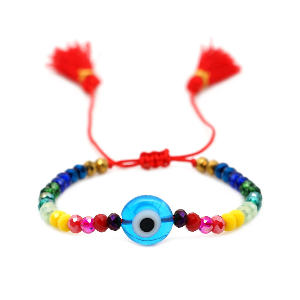 Simple Bohemian Ethnic Style Colored Glaze Blue Eye Beads Rainbow Crystal Beaded Tassel Couple Small Bracelet