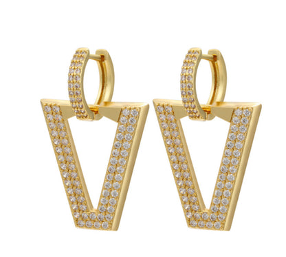 Foreign Trade Micro-inlaid Full Zircon Earrings Inverted Triangle V-shaped Trend Earrings Cross-border Accessories