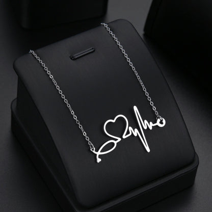 Cross-border Supply Fashion Simple Ecg Heartbeat Titanium Steel Women's Necklace Heart-shaped Pendant Ornaments Wholesale