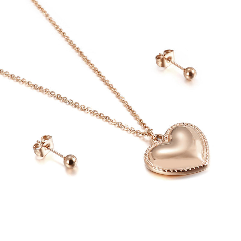 European And American Fashion Heart-shaped Stainless Steel Suit Women's Necklace + Earrings Simple Natural Titanium Steel Women's Collarbone Necklace Set