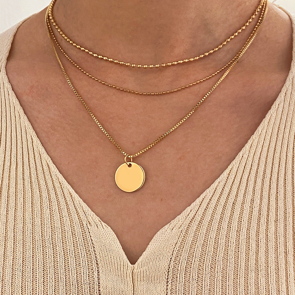 European And American New Alloy Necklace Fashion Simple Disc Pendant Multi-layered Clavicle Chain