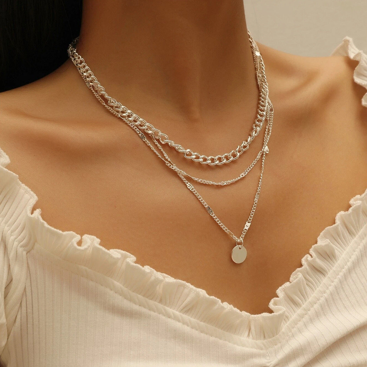 European And American New Alloy Necklace Fashion Simple Disc Pendant Multi-layered Clavicle Chain