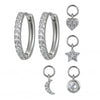 S925 Silver Needle Four Small Pendants Moon Star Cross Bead Hoop Set Earrings