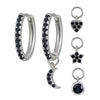 S925 Silver Needle Four Small Pendants Moon Star Cross Bead Hoop Set Earrings