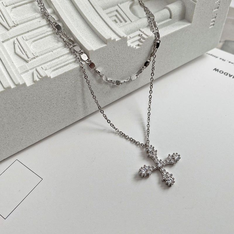 Titanium Steel Cross Light Luxury Niche Stitching Necklace Female Trendy Hip Hop Zircon Clavicle Chain Wholesale