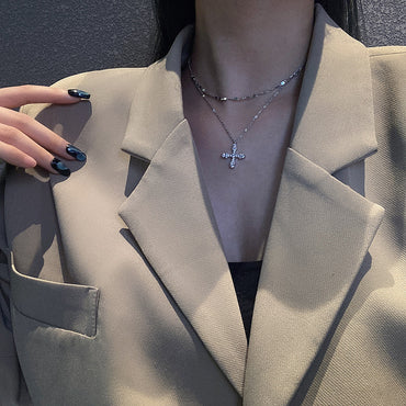 Titanium Steel Cross Light Luxury Niche Stitching Necklace Female Trendy Hip Hop Zircon Clavicle Chain Wholesale