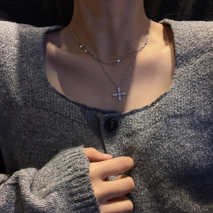 Titanium Steel Cross Light Luxury Niche Stitching Necklace Female Trendy Hip Hop Zircon Clavicle Chain Wholesale