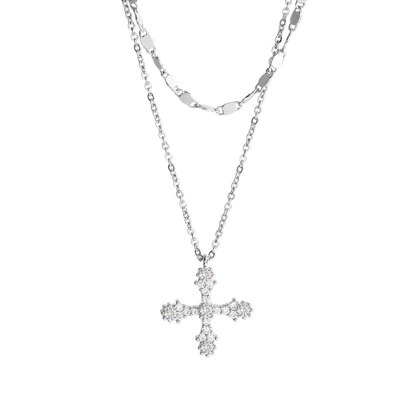 Titanium Steel Cross Light Luxury Niche Stitching Necklace Female Trendy Hip Hop Zircon Clavicle Chain Wholesale