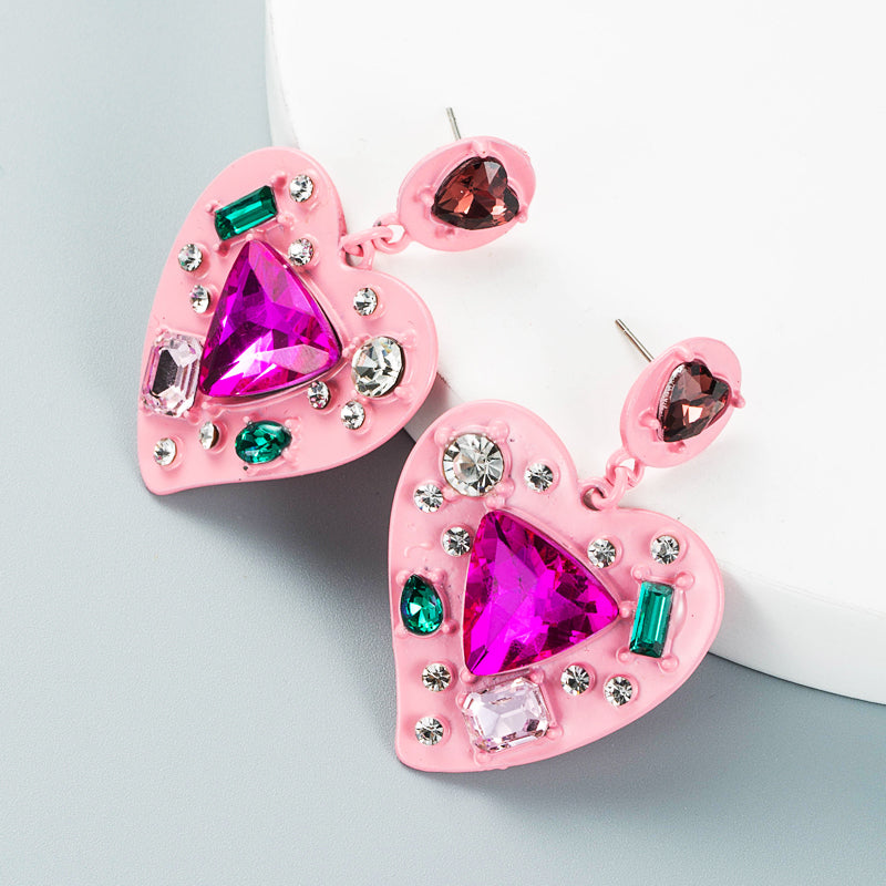 Creative Spray Paint Rhinestone Diamond Heart-Shaped Earrings