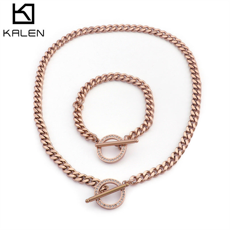 Men's Titanium Steel Necklace Rose Gold Titanium Steel Two-side Grinding Chain Stainless Steel Necklace + Bracelet Fashion Accessories Cover