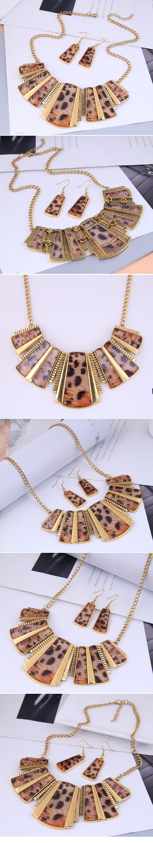 Fashion Leopard Print Concise Geometric Modeling Temperament Short Necklace Earrings Set
