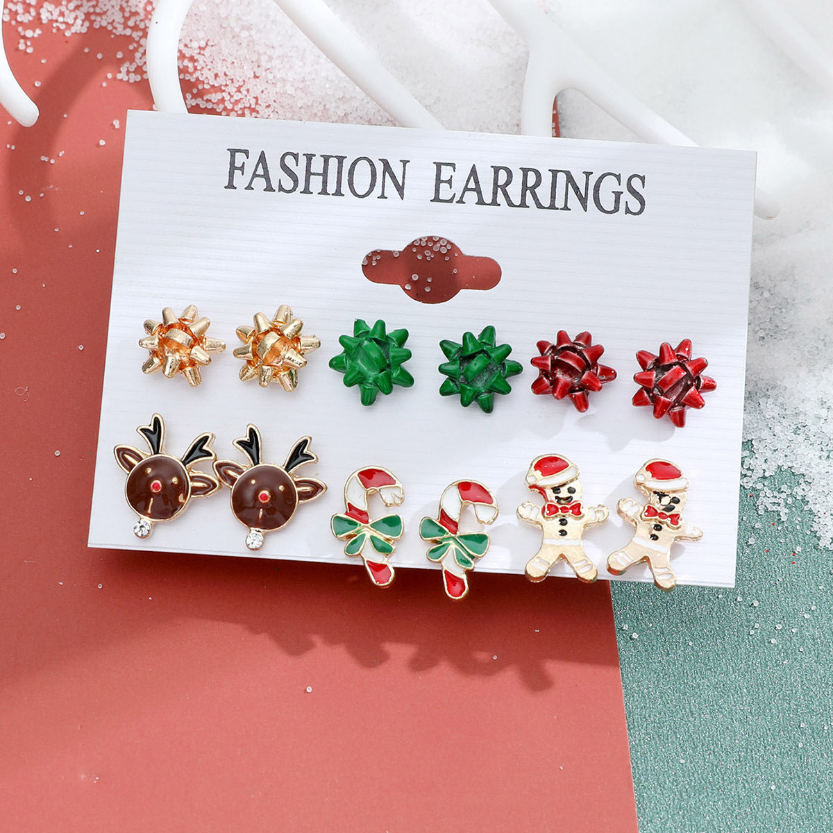 New Christmas Snowman Cane Earrings Set Cartoon Dripping Elk Wreath Earrings