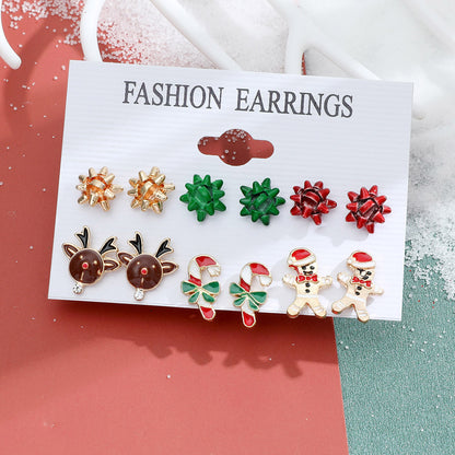 New Christmas Snowman Cane Earrings Set Cartoon Dripping Elk Wreath Earrings