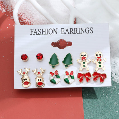 New Christmas Snowman Cane Earrings Set Cartoon Dripping Elk Wreath Earrings