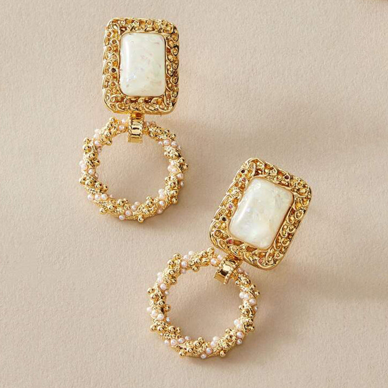 1 Pair Fashion Circle Square Twist Alloy Plating Hollow Out Inlay Resin Pearl Women's Drop Earrings