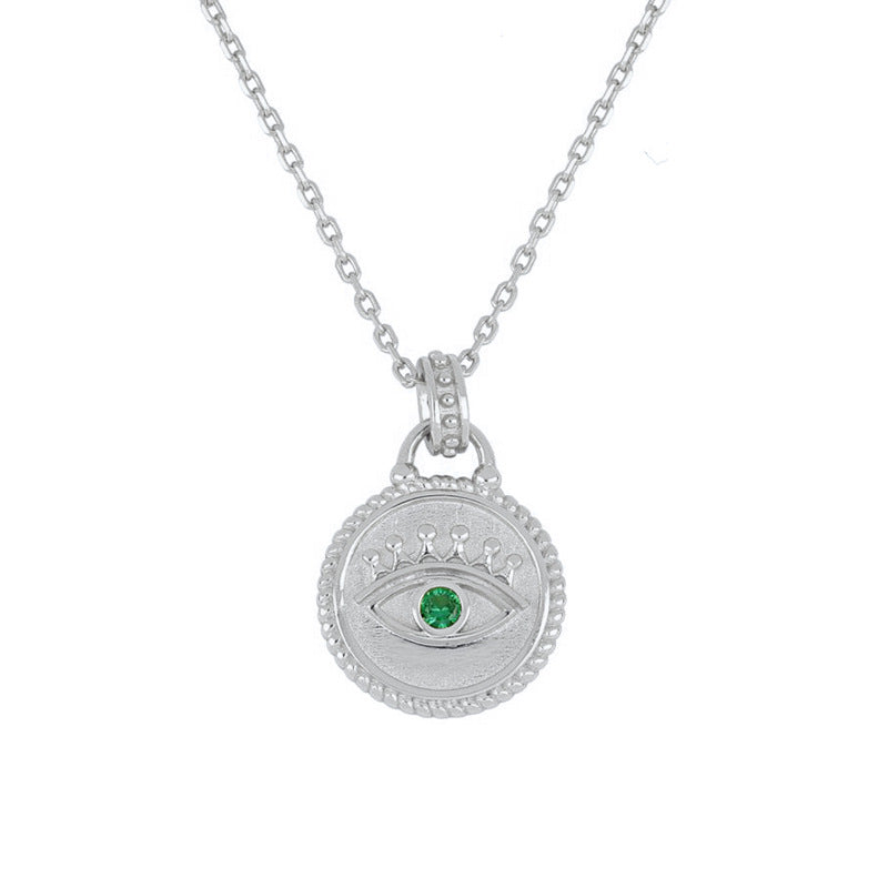 S925 Silver Evil Eye Necklace Devil Eye Green Zircon Coin Pendant Clavicle Chain