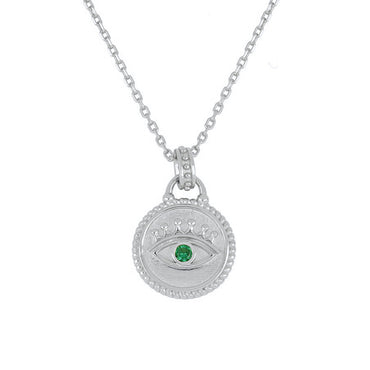 S925 Silver Evil Eye Necklace Devil Eye Green Zircon Coin Pendant Clavicle Chain