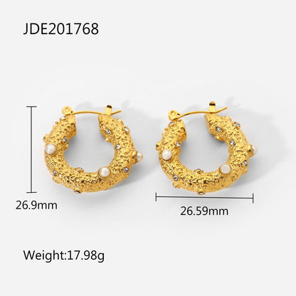 Fashion Pearl Hoop Earrings 18k Gold Stainless Steel Jewelry Hammer Cubic Zirconia Earrings