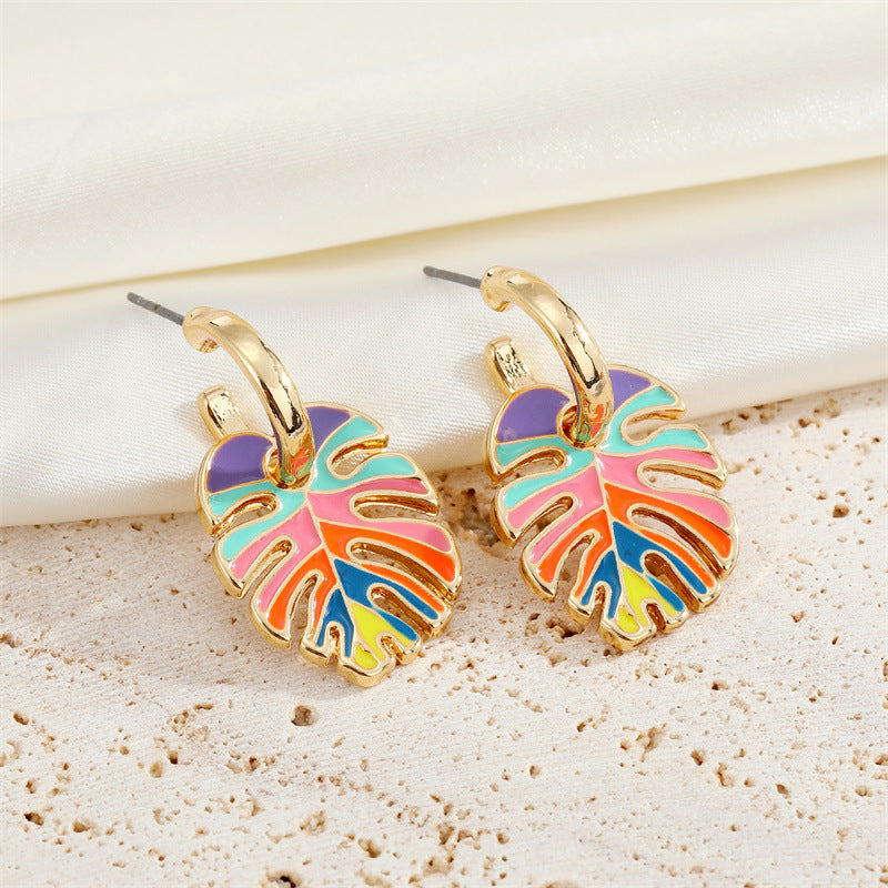 Bohemian Retro Color Dripping Leaf Earrings Metal Hoop Pendant Earrings