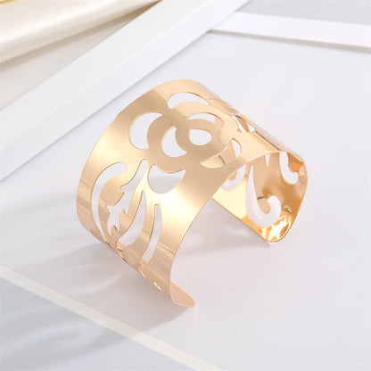 Europe And America Cross Border Ornament Retro Simple Metal Hollow Wide Bracelet Golden Leaf Rose Geometric Bracelet Armband