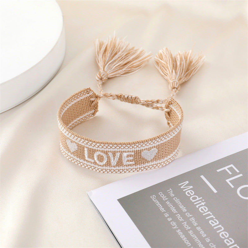 Ethnic Style Trend Hand-woven Bracelet Retro Embroidery Alphabet Tassel Hand Rope Bracelet