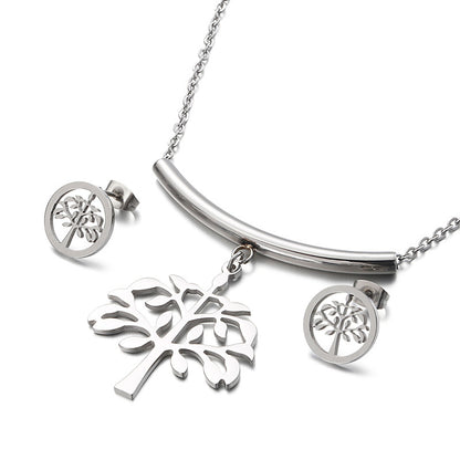 New Fashion Simple Stainless Steel Tree Of Life Necklace Earrings Set