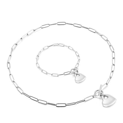 European And American New Normcore Ins Fashion Design Peach Heart Titanium Steel Women's Square Line Bracelet And Necklace Set Wholesale