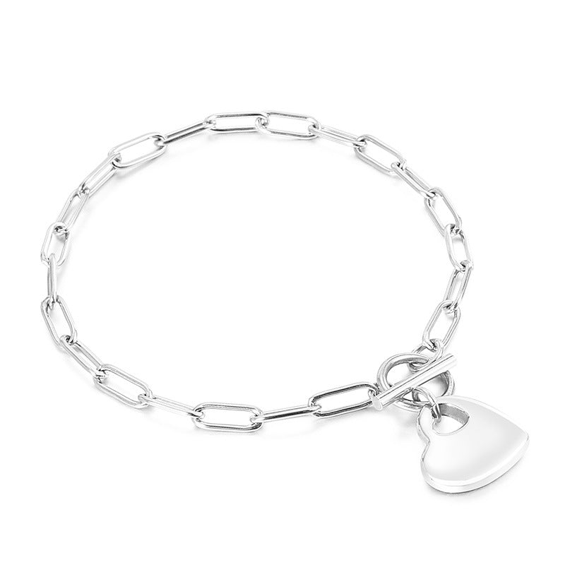 European And American New Normcore Ins Fashion Design Peach Heart Titanium Steel Women's Square Line Bracelet And Necklace Set Wholesale