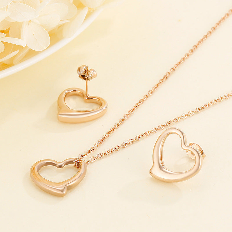 Fashion Stainless Steel Accessories Hollow Heart-shaped Necklace Earrings Stainless Steel Set