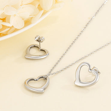 Fashion Stainless Steel Accessories Hollow Heart-shaped Necklace Earrings Stainless Steel Set