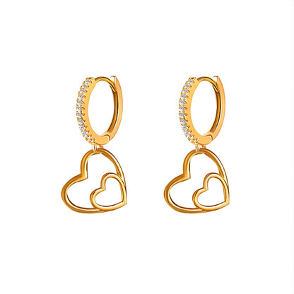 Korean Simple Copper Inlaid Zircon Heart Earrings