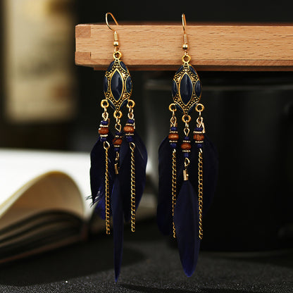 Retro Tassel Feather Long Oil Drop Earrings Wholesale