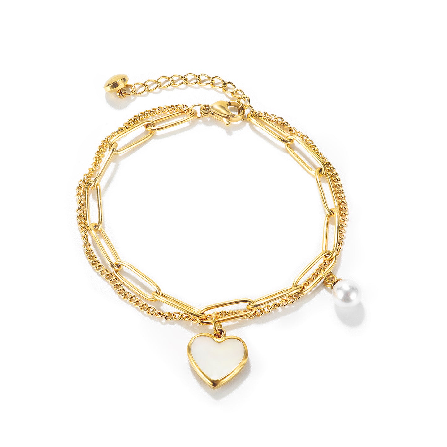 Niche Design Personality Double Layer Peach Heart Pearl Stainless Steel Bracelet