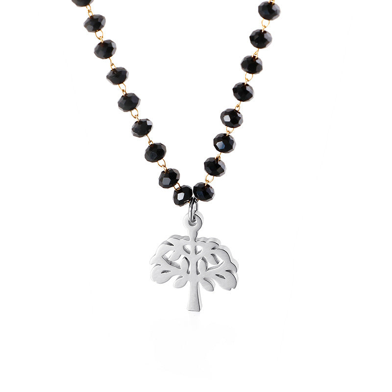 Simple New Black Glass Round Bead Tree Of Life Stainless Steel Necklace Wholesale