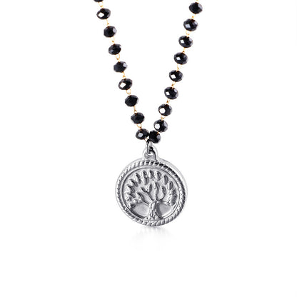 Simple New Black Glass Round Bead Tree Of Life Stainless Steel Necklace Wholesale