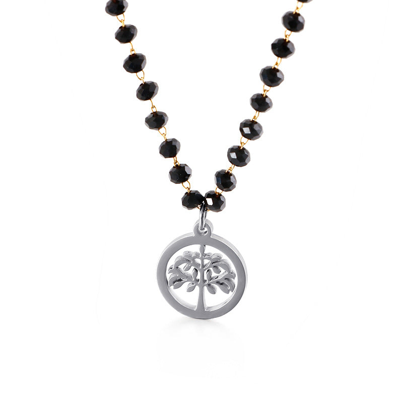 Simple New Black Glass Round Bead Tree Of Life Stainless Steel Necklace Wholesale