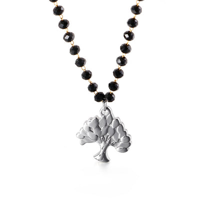 Simple New Black Glass Round Bead Tree Of Life Stainless Steel Necklace Wholesale