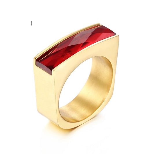 Foreign Trade Wholesale European And American Stainless Steel Golden Rectangular Six-color Glass Ring