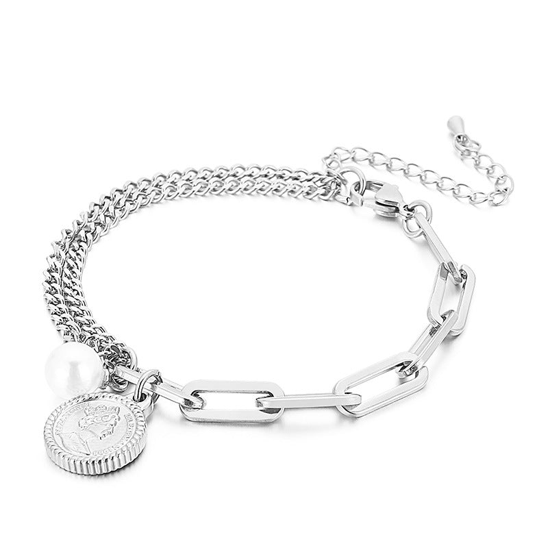 European And American Stainless Steel Elizabeth Coin Asymmetric Bracelet Wholesale