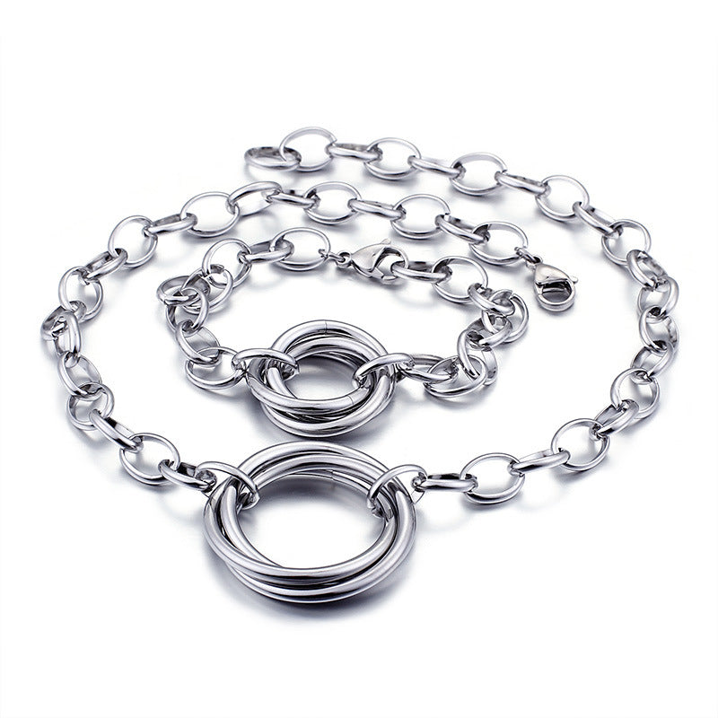 Fashion Stainless Steel Interlocking Necklace Bracelet Two Piece Set Wholesale Valentine's Day Gift