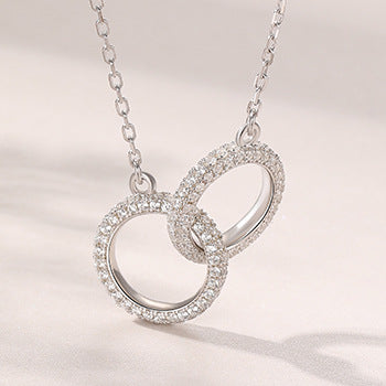 Korean Female Design Full Diamond Double Ring Pendant S925 Silver Necklace Wholesale