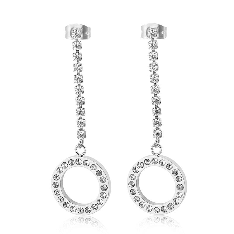 Fashion Stainless Steel Full Diamond Long Women's Creative Hollow Circle Earrings